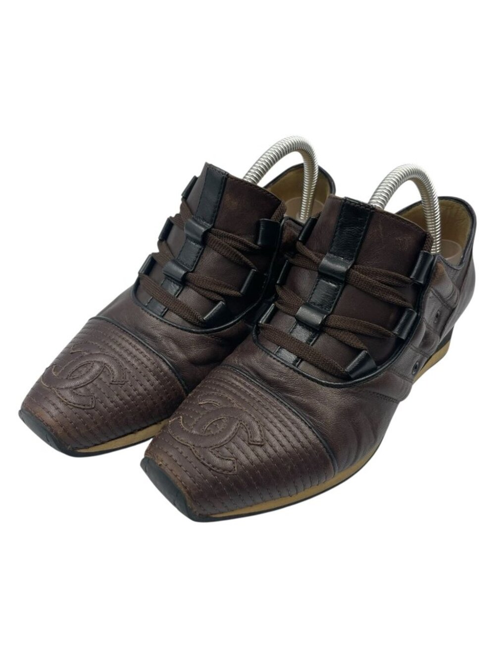 Chanel Sneakers Leather CC Logo Lace Up Brown